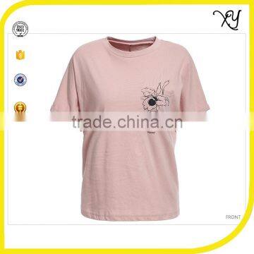 OEM Services Custom Design Printing Women Pink Cotton Floral Print Women Tee Shirts photo-2