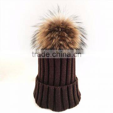 Myfur Super Size Raccoon Fur Pom Pom Detachable Fur Ball Knit Hat