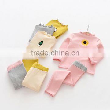 100% cotton high quality solid color autumn embroidery girls clothing sets