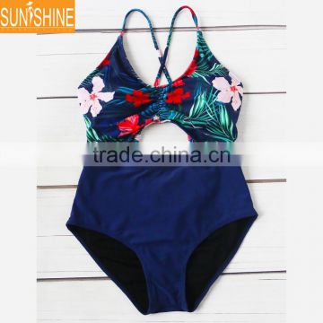 Floral Print Bathing Suits Back Crisscross Bikini Keyhole Cutout Swimwear