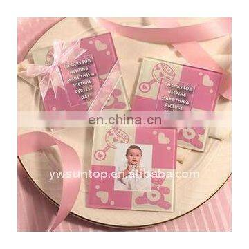 pink glass coaster with baby photo frame cheap wedding gift for guest