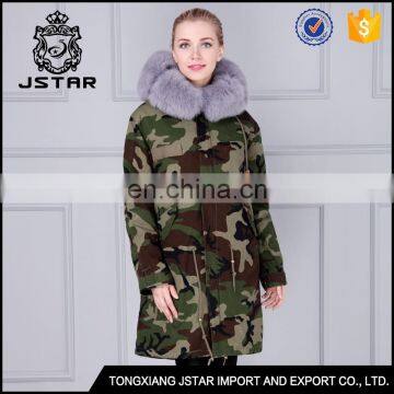 Khaki fashion parka fox fur jacket with fur hooded