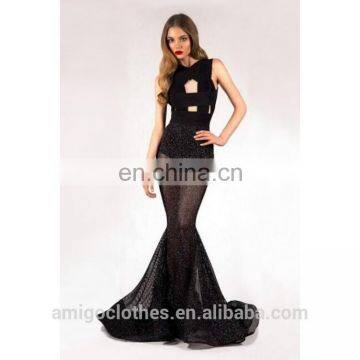 Amigo celebrity black sleeveless hollow out sliver tulle Mermaid maxi bandage dress for taller ladis