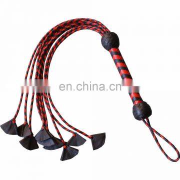 HMB-513E LEATHER FLOGGER 9 O CAT BRAIDS TAILS RED BLACK BULLWHIPS