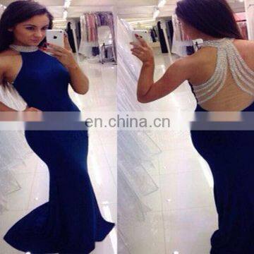 100% Real Samples Popular Blue Beaded Floor Length Mermaid Halter Satin Modern Prom Dress