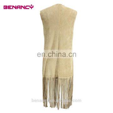 Wholesale Camel Color Laser Cut Suede Long Cardigan With Fringe photo-3
