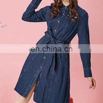 Women Customized Indigo Blue Water Shirt Denim Dress With Belt Waist