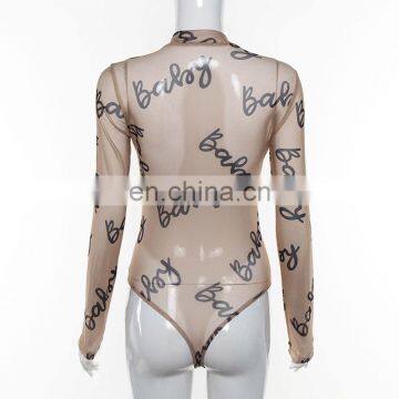 Latest Design Khaki Sheer Spring Long Sleeve With Printing Bodysuits for Women photo-2