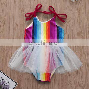 2019 Summer Rainbow Toddler Bodysuit Striped TuTu Kids Rompers Infant Girls Lace Dress Skirt 0-3years photo-2