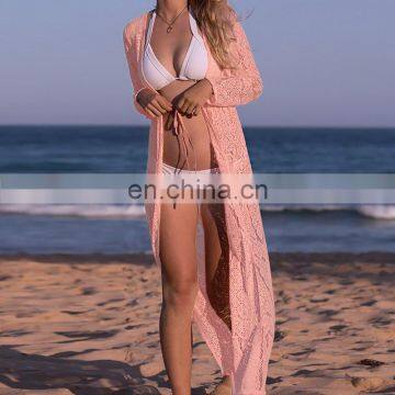 Women Summer Boho Long Crochet Lace Kimono Cardigan Solid Color Long Sleeve Tie Waist Front Open Bikini Cover Up Beachwear