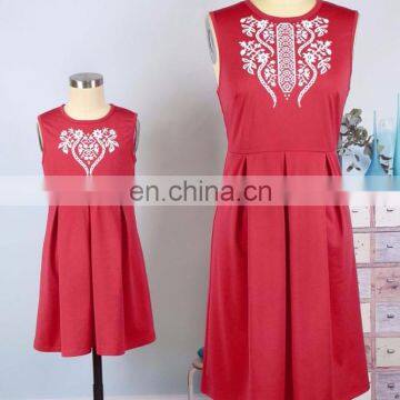 2019 summer women girls mommy and me red solid with embroidery flower sleeveless knee length work (this link for WOMAN)