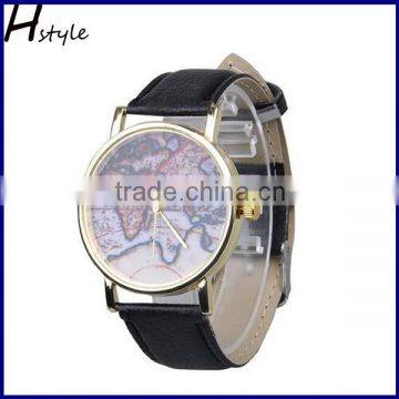 2016 New Retro World Map Printed PU Leather Band Alloy Case Analog Quartz Ladies Wrist Watch Black WP011