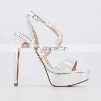 Cross strap ladies high heels shoes ankle strap silver color women platform sandals