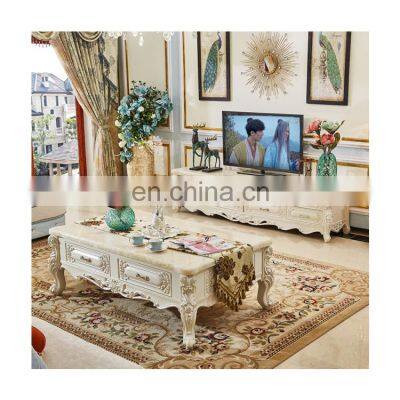 European style solid wood TV stand luxury marble table set solid wood carving multi-size optional