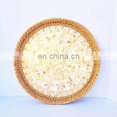Small Rattan Mother of Pearl Tray, Round Wicker Tray For Table Handwoven Basket for Breakfast Wholesale photo-2