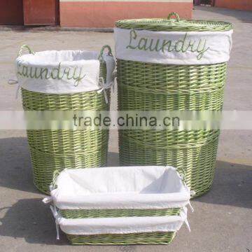 Set of 4 laundry round willow & woodchip hampers with canvas liner: