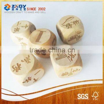 wooden dice 3cm diameter with laser logos on it