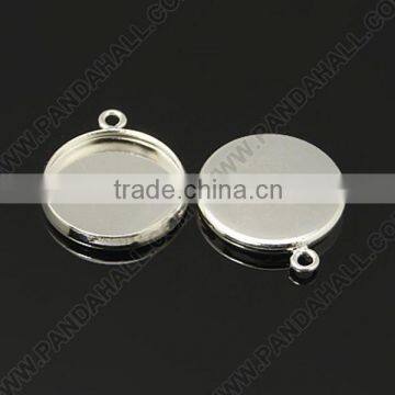 Bright Silver Brass Blank Bezel Setting Flat Round 20mm Cabochon Pendant Tray(KK-B534-2S)