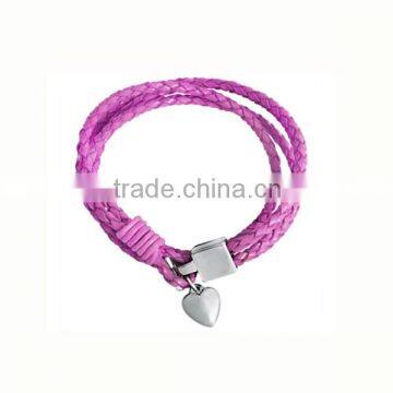 Purple braided leather high quality stainless steel personalized leather wrap bracelet make leather wrap bracelets (LB2062-1)