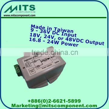 MITS DC Input One Port Standard POE Injector - 9 - 36VDC Input, 18V, 24V, 48V Output, 16.8 - 24W Power, for AP, IP Cam, IP Phone