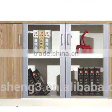 Walnt Veneer MDF Melamine Panel Low Height Office Tea Cabinet Two Glass Door Cabinet Furniture photo-5