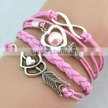 Heart Shape Alloy With Selveral Rope Weave Woven Bracelet