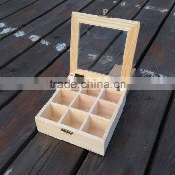 pine Customize multicellular glass display wooden box 9 grids packaging box tea storage gift jewelry box 15*15*5.2cm