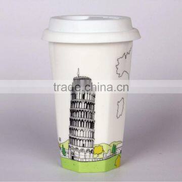 white porcelain double wall mug with landscape decal