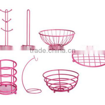 Hot pink powder coating stylish iron metal fruit basket hanger holders racks for kitchen organizer storage