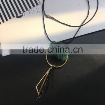 Mink Fur Ball Hoop Triangle Pendant Necklace Hot Selling Geometric Necklace photo-2