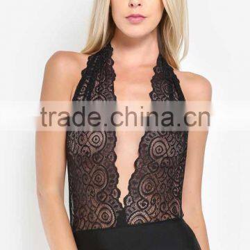 women sexy clothes flirty Lace Plunge Neck Halter Bodysuit see-through blouses