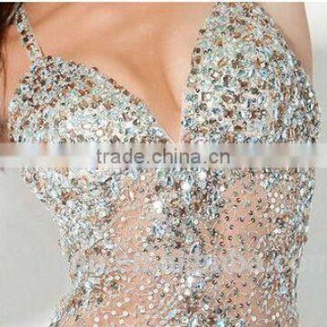 Luxurious Deep V Neck Low Back Out Short Crystal Dress photo-3