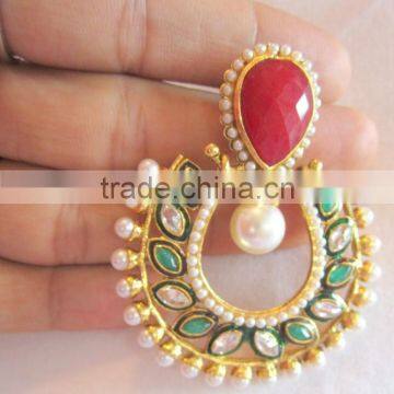 Red Green Bollywood Polki Gold Tone Dangler EARRINGS photo-3
