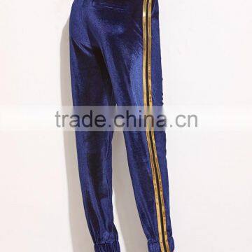 Navy Side Striped Drawstring Velvet Sweatpants 95% Polyester 5% Spandex Elastic Waist Loose Trousers photo-4