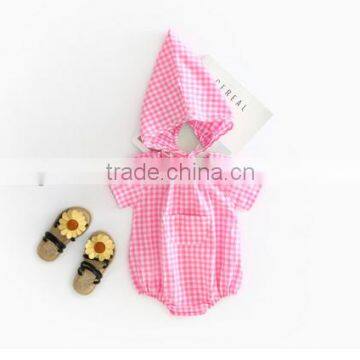 Seersucker Romper And Bonnet Summer Newborn Baby Clothing Set Gingham Clothes photo-4