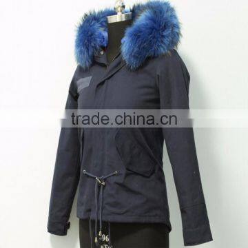 Myfur Navy Color Mini Parka with Customized Fur Lining And Fur Hooded Collar