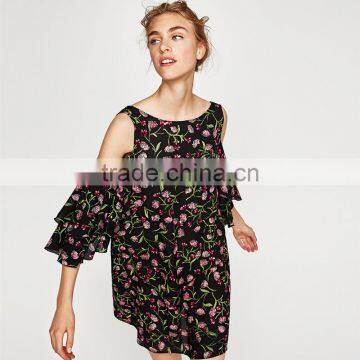 Black Short Sleeve Floral Print Dress, Women Cold Shoulder Summer Dress photo-4