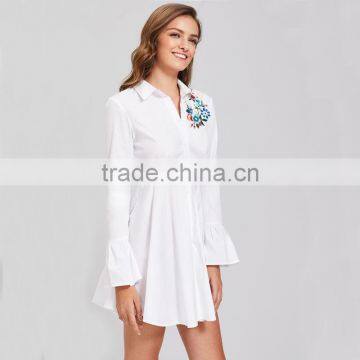 Women Flower Emboriedered Long Sleeve Clothing, White High Waist Shirt Dress photo-6