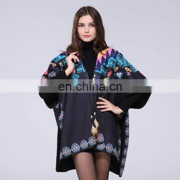 Womens Winter Stamp Cashmere Fringed Shawl Cloak