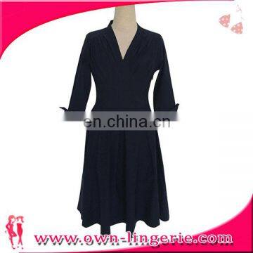 2014 Summer Womens V Neck Style Midi Cotton Dress Dark Blue Casual Coat Dress