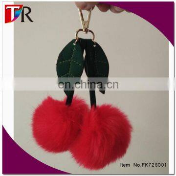 fashion double red faux fur ball bag charm with leafs 2016 new design pom pom keychain