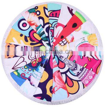 High quality products multi color hot dog pattern digital printed microfiber custom print round beach towels with tassels