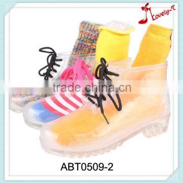 Latest arrival woman lace up boots transparent custom ankle rain boots