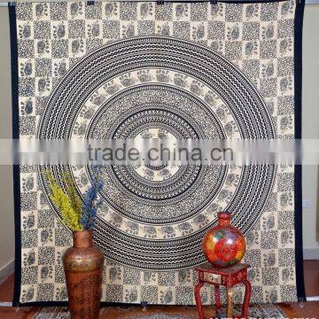 Indian Tapestry Cotton Mandala Elephants Print Black Vintage Wall Hanging Tapestries Throw Mandala Print Bedsheet