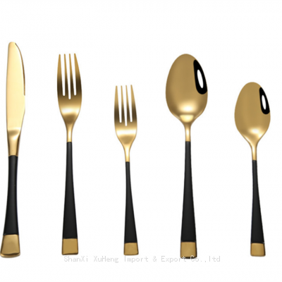 Luxury Stainless Steel Wedding Banquet Black And Gold Plated Cutlery Silverware Flatware Spoon And Fork Set