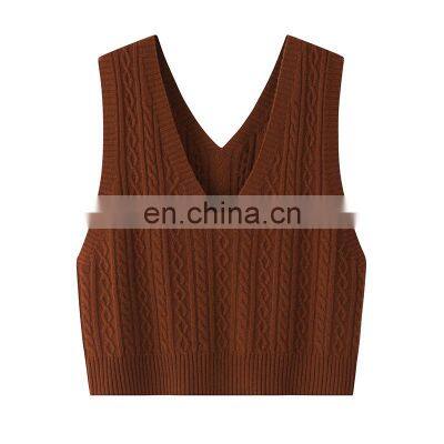 Women's Casual V-Neck Tank Top Wholesale Cable Knit Woolen Cashmere Short Length Crop Style with Embroidered Logo Back Position