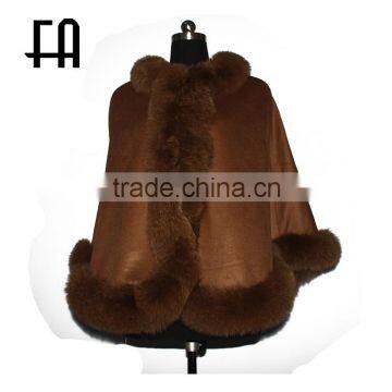 factory direct wholesale cashmere cape with fox fur trim