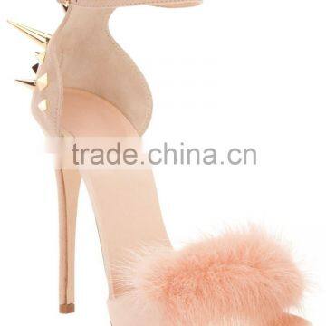 high heel spike design faux hair ankle strap elegant sandal shoes for women new design