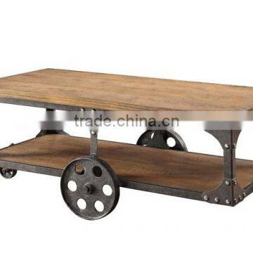 INDIA DOUBLE DECKER COFFEE TABLE , INDUSTRIAL COFFEE TABLE WITH WHEELS CART