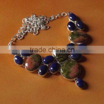 Unakite, Lapis Lazuli Necklace plated 925 Sterling Silver 72 Gms 18-20 Inches